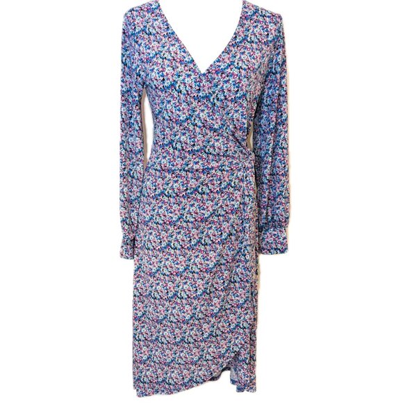 Lush | Floral Moss Crepe Long Sleeve Wrap Dress Blue Purple Multi | Size Medium - Picture 4 of 12
